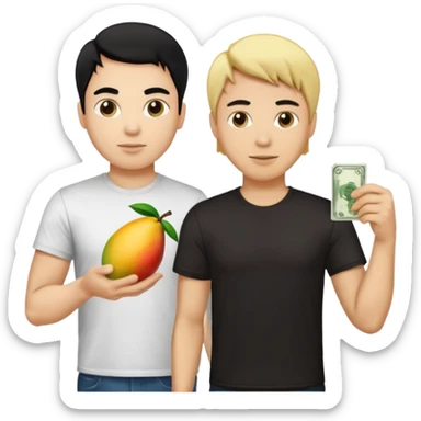 BLACK HAIR LIGHT SKIN MAN WITH A T-SHIRT WITH A MANGO ON IT, AND HIS BOSS LIGHT SKIN MAN BLONDE HAIR DANDOLE DINERO sticker