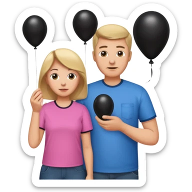 Mom in pink shirt dad in blue shirt holding black baloon sticker