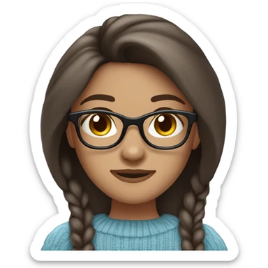 woman, white light skin, long straight dark brown hair, light blue eyes, dark red sweater, glasses, sticker