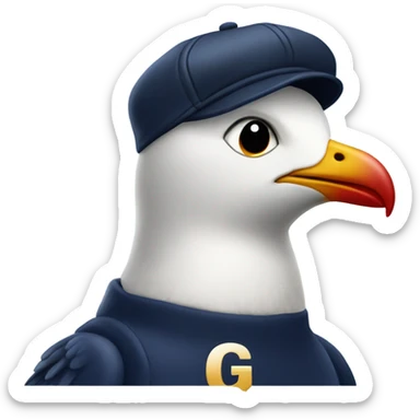 Seagull with wearing navy ballcap emblazoned with a red G initial sticker