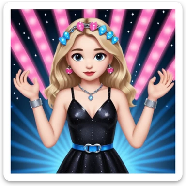 Sabrina carpenter at concert wearing a black sparkly dress with a silver sparkle v neck. she is holding up pink handcuffs. facing audience, blue and red lights setting  sticker