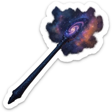 a fantasy wand with a galaxy-shaped crystal at the tip, emitting nebula clouds and stardust, magical and cosmic sticker