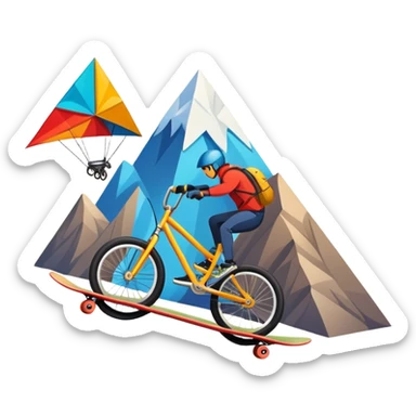 An emblem-style design representing extreme sports and lifestyle, featuring symbols of adventure such as a mountain, a skateboard, a kite, and a bike. The design is bold and dynamic, with sharp lines and energetic colors, capturing the essence of thrill, freedom, and adrenaline. sticker