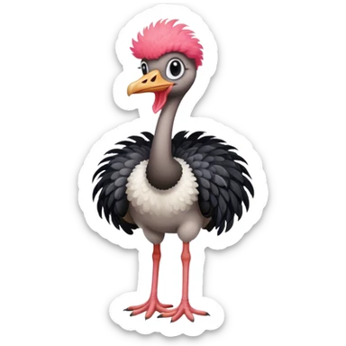 An ostrich with black and white feathers on the body, tufty head feathers, pinkish-red neck, and red legs. sticker