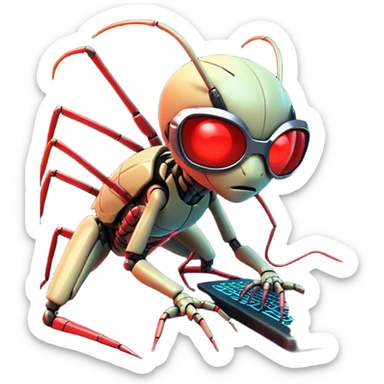 A tiny, mischievous cyber bug with glowing red eyes crawling across tangled neon code lines on a futuristic black terminal screen, holding a broken line of code in its pincers. The bug wears glitchy sunglasses and leaves behind pixelated error symbols (like ⚠️ and ❌) as footprints. Background filled with digital sparks and warning pop-ups hovering mid-air. Cartoon emoji style, vibrant and playful yet chaotic sticker