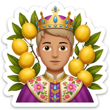 attractive young man and the Queen of the Huerta 2024 in Murcia, dressed in regional costumes, surrounded by flowers and lemons sticker