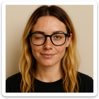 blonde girl with brown roots, freckles, and black frame glasses, winking, plain background sticker