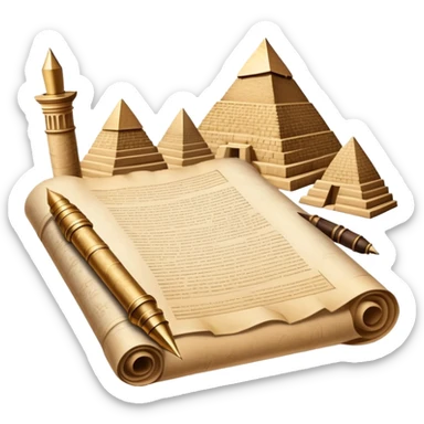 An icon showing a rolled parchment scroll, a quill pen, and ancient landmarks like pyramids and columns in the background. The design symbolizes the study of past civilizations, events, and heritage. Transparent background emphasizes the timeless exploration of human history. sticker