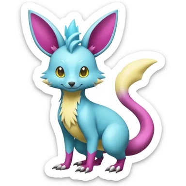 Shiny smooth silky soft Cyan-Yellowish-Magenta Minccino-Zeraora-Emolga-Vernid-Sergal-fusion-hybrid-animal-creature, full body sticker