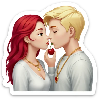 couple kissing, girl with long cherry red hair and blonde eyebrows, gold A necklace, light clothes, and boy with PURE WHITE SHORT HAIR (completely white like paper, not blonde, not gray) sticker
