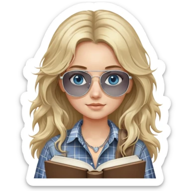 girl with long blond messy hair wearing grey plaid shirt with blue eyes and aviator sunglasses wearing a ring on her silver necklace, holding law books sticker