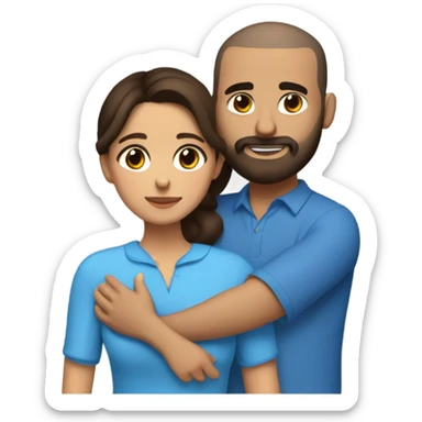Comforting hug from brunette Puerto Rican with dark brown eyes wearing a cute blue blouse to short, bald man with brown eyes and a beard sticker