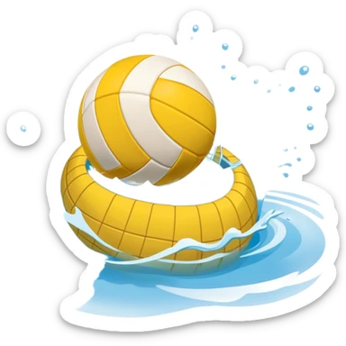 An icon featuring a yellow water polo ball floating on the water with goals in the background, inside a swimming pool. The design includes splashes and ripples, symbolizing the fast-paced action and strategy of water polo. Transparent background highlights. sticker