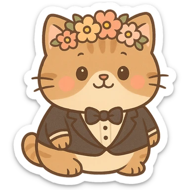 A chubby kitten wearing a tiny tuxedo and a flower crown, in a cute cartoon style sticker