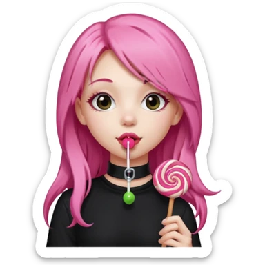 Cute girl with long pink hair wearing black, and a cute choker  licking a lolli sticker