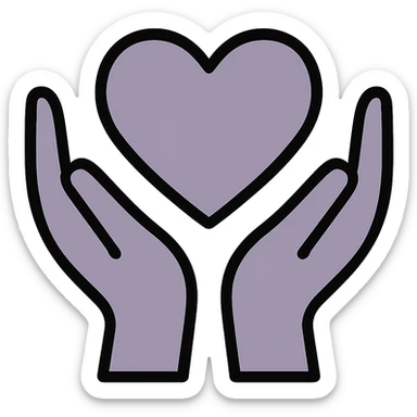 Make the hands more realistic while keeping the dull purple color-filled style, hands outlined in black, heart shape in the center, maintain transparent background. sticker