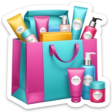 Gift bag with beauty products (shampoo, creams, styling products), a gift bag is beautyful open box full of luxury brand-labeled beauty products sticker