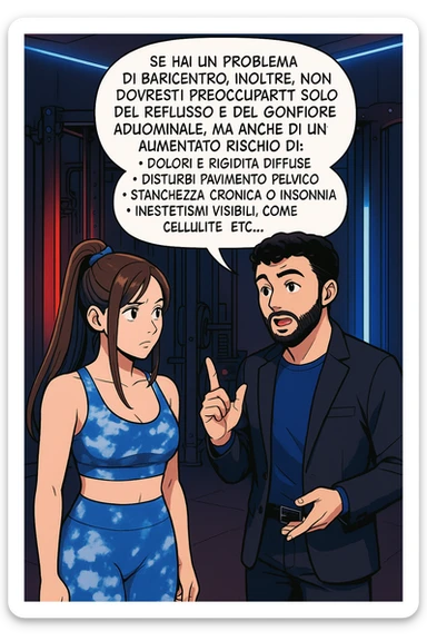 TRASFORMA QUESTO CAROSELLO IN UN FUMETTO STILE WEBTOON/MANGA A COLORI CON QUESTE DUE PERSONE IDENTICHE CHE INTERLOQUISCONO TRA LORO, L'uomo sta spiegando alla donna questo concetto:

Se hai un problema di baricentro, inoltre, non dovresti preoccuparti solo del reflusso e del gonfiore addominale, ma anche di un aumentato rischio di:
    • dolori e rigidità diffuse
    • disturbi pavimento pelvico
    • stanchezza cronica o insonnia
    • inestetismi visibili, come celluluite
    • etc… sticker