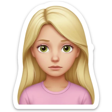 blonde with long hair and swamp-colored eyes, wearing a pastel pink shirt, thoughtful expression, iOS Apple emoji style sticker