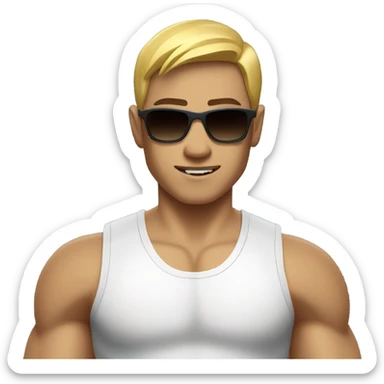 muscular asian personal trainer short golden hair with sunglasses white vest sticker