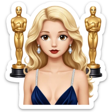 blonde model, brown eyes, long wavy hair, oscars red carpet, navy velvet gown with white diamante straps sticker