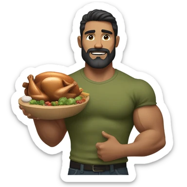 muscular man with dark hair. Little salt and pepper beard. Making a muscle with his left arm, holding a turkey In a olive green shirt sticker