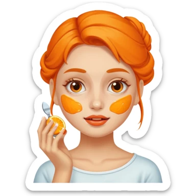 A fair-skinned girl is applying orange cream on her face. sticker