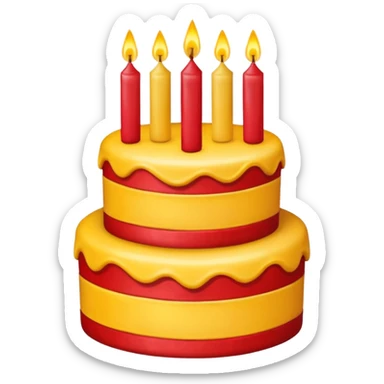 large red and yellow birthday cake with three candles, festive, iOS emoji style, no background sticker