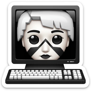 White and black 80s computer with face sticker