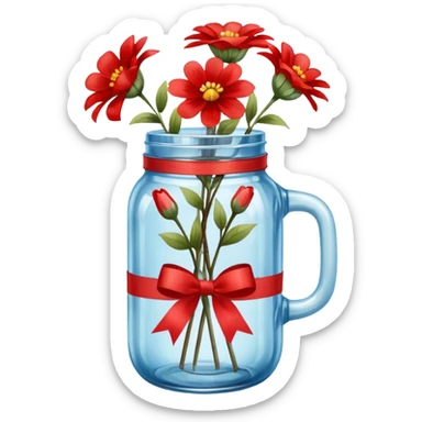 Blue mason jar with flowers and red ribbon sticker