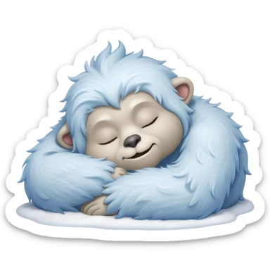 Meme-Worthy Cute Sleeping Yeti Portrait Emoji, with a charming, fluffy, snow-dusted figure in gentle whites and cool blues, head resting in blissful, serene slumber with closed, peaceful eyes and a small, contented smile, simplified yet irresistibly adorable, highly detailed with a soft frosty outline that captures the tender drowsiness of a yeti drifting into snowy dreams! sticker