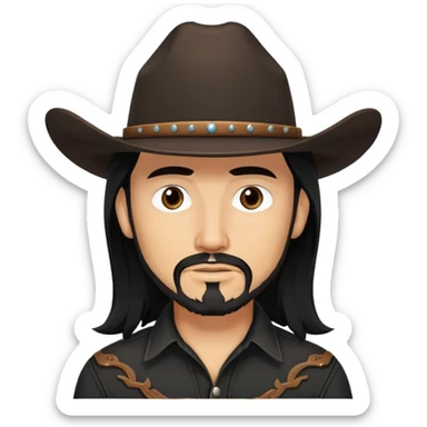 Cowboy with black long hair, brown eyes, tan skin and light black goatee black shirt sticker