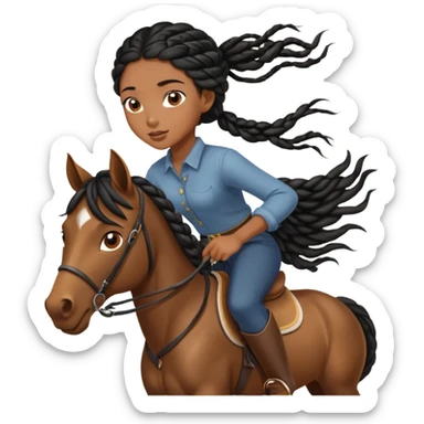 Black girl with long black braids ridding a horse her hair blows in the wind and sun shines on her brown eyes sticker