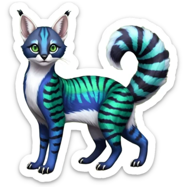 Colorful dark tropical cobalt-blue, black, white fur, with green eyes, iridescent glorious divine exotic cute cool beautiful shiny beautiful fantasy-caracal-civet-genet-sergal-vernid-Cacomistle-Furret-civet-oncilla-animal-Fakémon-hybrid-fursona with pattern markings (full body) sticker
