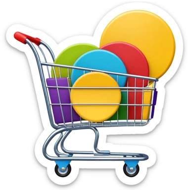 Create a round sticker with a dark black background inside the circle, dynamic edges that smoothly transition step-by-step from green to yellow to red to purple, a small shopping cart icon in the center, the title text ‘New stock soon’, where the word ‘soon’ is blinking in bright blue color.” sticker