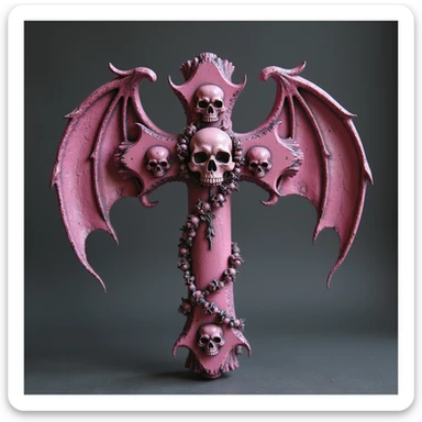 realistic gothic cross, pink with bat wings and skulls, photorealistic style, no background sticker