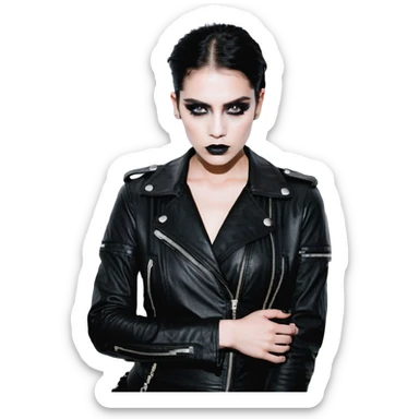 Chucky's bride in a black dress and black leather jacket, heavy dark eye makeup sticker
