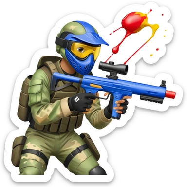 A paintball player in full gear, aiming a paintball gun with focus and determination. The scene includes vibrant splashes of paint and a dynamic battlefield setting, emphasizing action, strategy, and teamwork in a competitive environment sticker