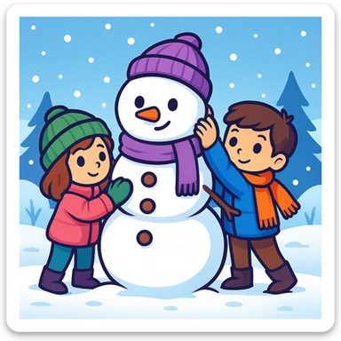 Show two different kids (different hair and clothing colors) building a snowman in a snowy background, keep the sticker style sticker