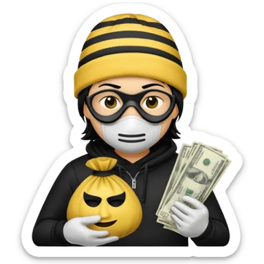 A yellow guy with a black beanie white shirt with black stripes a black mask for it's eyes and holding a money bag with yellow hair sticker
