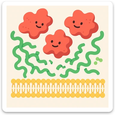 Ultra-detailed scientific illustration of enzyme digestion: Red amylase molecules (3D, globular protein structure) breaking down green starch polymers (chain of glucose units) into maltose near a yellow phospholipid bilayer membrane. Macro molecular view, clean white background, no text, no human figures or cartoon characters. Purely biological focus. sticker