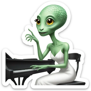 a Reptilian alien woman, play a piano, in white elegant dress sticker
