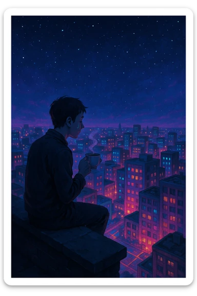 A lone figure on a rooftop, sipping tea as the city below glows with an otherworldly light, calm posture, a faint tear on their cheek, bittersweet mood. sticker