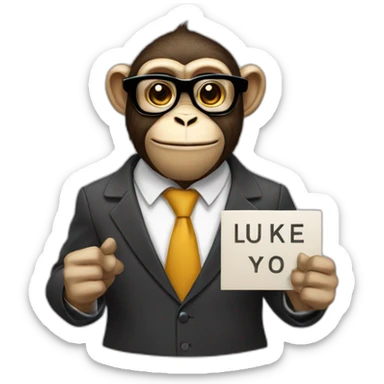 monkey professor with glasses and beard and mustache and suit holding a sign with like sticker