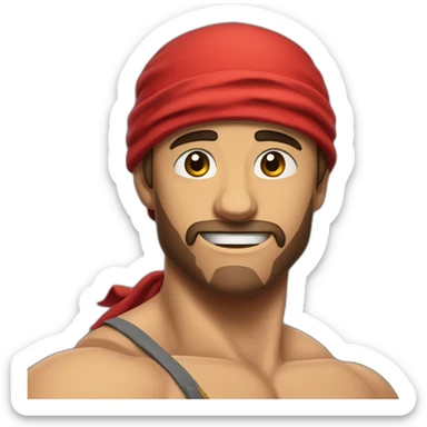 muscular man in red bandana standing sideways turns his head to the viewer,his left hand is bent in the elbow,torso sticker