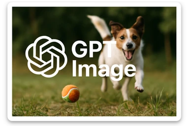  logo of chat gpt with text "GPT Image" on the background of a dog chasing ball, realistic image sticker