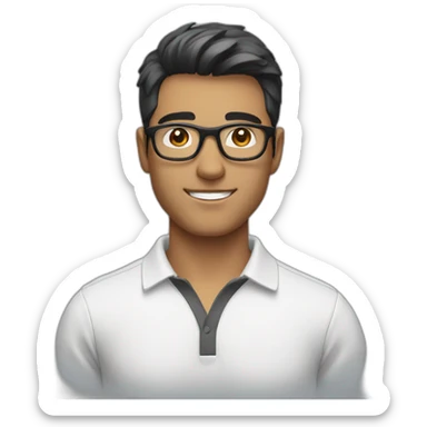 young guy with a white polo and black hairs and grey glasses sticker