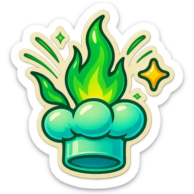 chef's hat explode with trails of fires, emoji, playful, magic flame green gradient, vibrant, flame matching style reference file sticker