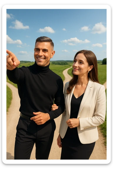 a man stands confidently at a crossroads, pointing toward a clear path ahead. Beside him, a woman looks at him con fiducia e serenità, pronta a seguirlo. Entrambi sono ben vestiti e sorridenti, immersi in un paesaggio luminoso che simboleggia nuove opportunità e un viaggio condiviso. sticker