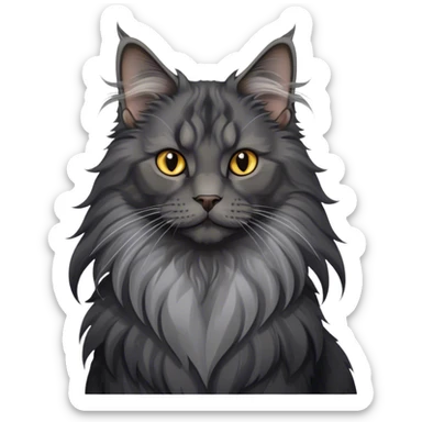 Portrait of a black smoke Maine Coon cat with long grey ear tufts and a large grey ruff around its neck. The cat has a majestic expression, with fluffy fur and striking eyes. Transparent background. sticker